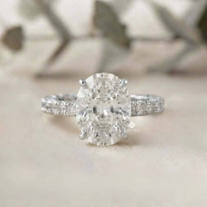 Oval Cut Diamond Solitaire with Hidden Halo and Pave Band - Luxury Fine Jewelry