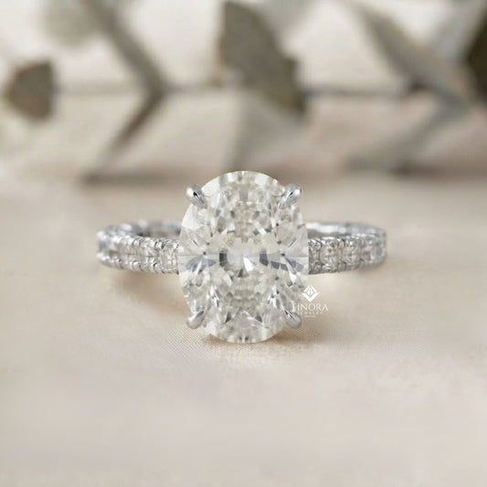 Oval Cut Diamond Solitaire with Hidden Halo and Pave Band - Luxury Fine Jewelry