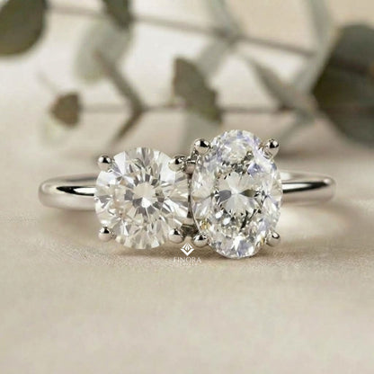 Two-Stone Oval & Round Cut Diamond Engagement Ring – Harmonious Duo in 925 Silver, 10K / 14K Gold, or Platinum – Finora Emblem of Balanced Love & Timeless Sparkle – Elegant Gift for Her
