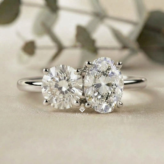 Two-Stone Oval & Round Cut Diamond Engagement Ring – Harmonious Duo in 925 Silver, 10K / 14K Gold, or Platinum – Finora Emblem of Balanced Love & Timeless Sparkle – Elegant Gift for Her