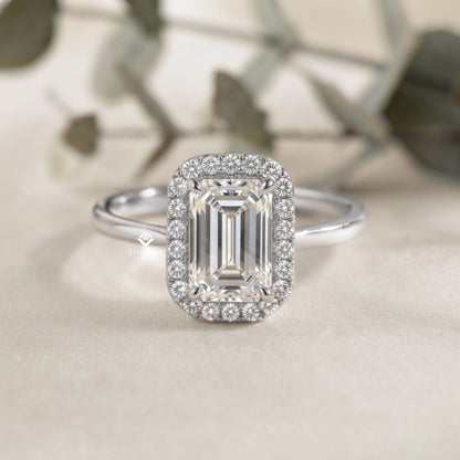 Emerald Cut Moissanite Halo Engagement Ring – Dainty Promise Ring – Anniversary / Birthday / Wedding Gift – 925 Silver / 10K / 14K / Platinum – White / Yellow / Rose Gold – Finora Jewelry