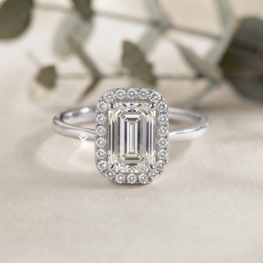 Emerald Cut Moissanite Halo Engagement Ring – Dainty Promise Ring – Anniversary / Birthday / Wedding Gift – 925 Silver / 10K / 14K / Platinum – White / Yellow / Rose Gold – Finora Jewelry