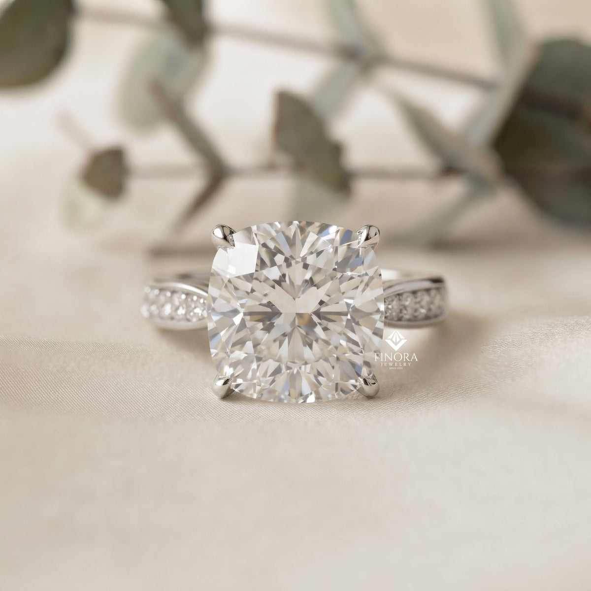 cushion cut diamond engagement ring with pavé band – classic sparkle in white gold or platinum – finora elegant solitaire design – timeless gift for her