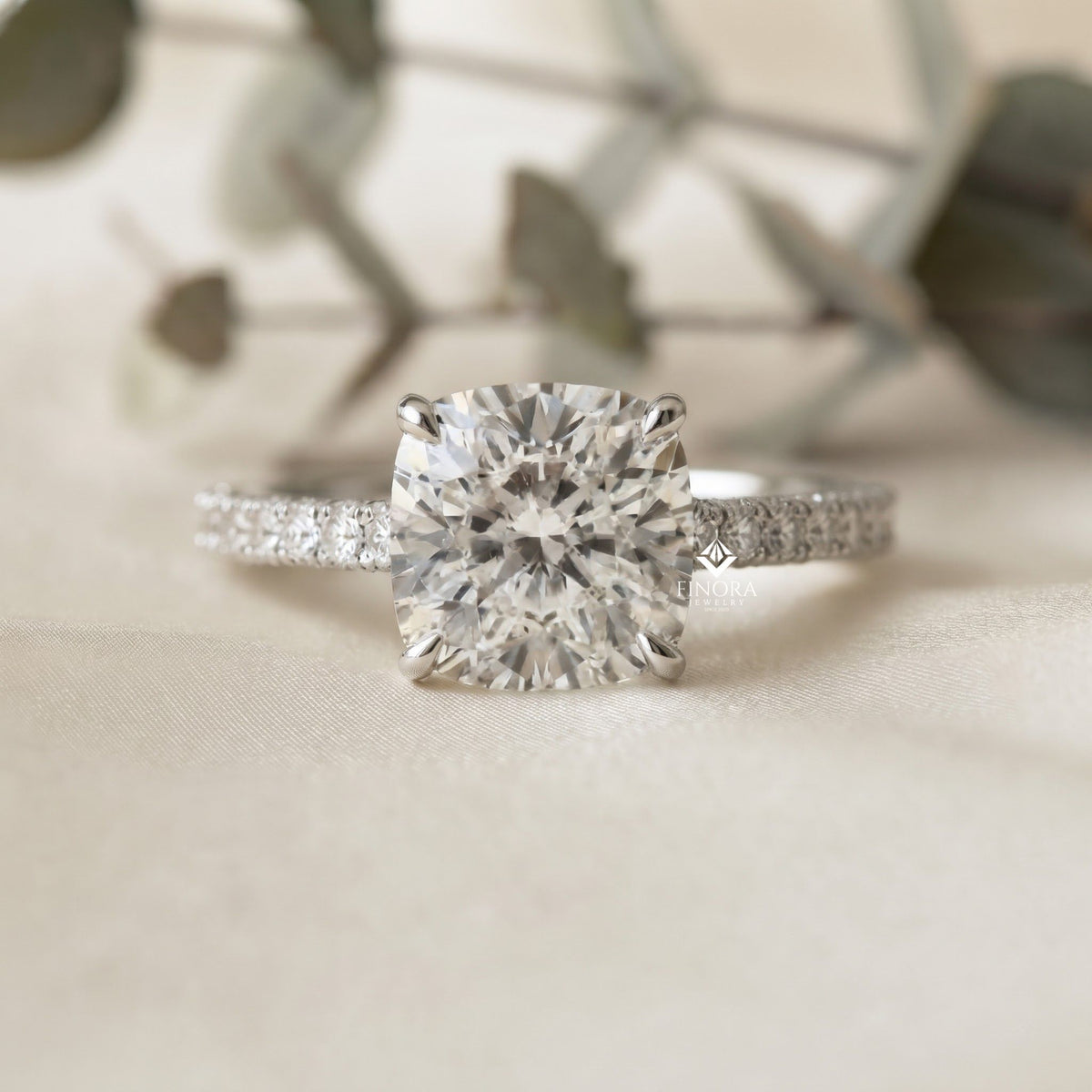cushion cut moissanite engagement ring – pavé band – anniversary ring for her – 925 silver / 10k & 14k gold / platinum | finora jewelry