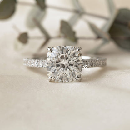 Cushion Cut Moissanite Engagement Ring – Pavé Band – Anniversary Ring for Her – 925 Silver / 10K & 14K Gold / Platinum | Finora Jewelry