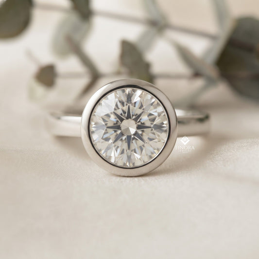 Minimalist Round Moissanite Bezel Set Ring – Modern Solitaire for Promise, Engagement or Birthday Gift – 925 Silver / 10K / 14K Gold / Platinum – White / Yellow / Rose Gold – Finora Jewelry