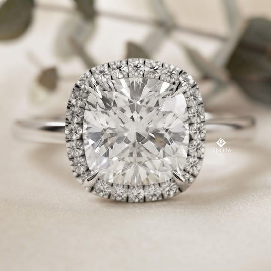 Cushion Cut Halo Moissanite Engagement Ring with Pavé Diamonds – Elegant Cushion Halo in White, Yellow, or Rose Gold | Finora Jewelry