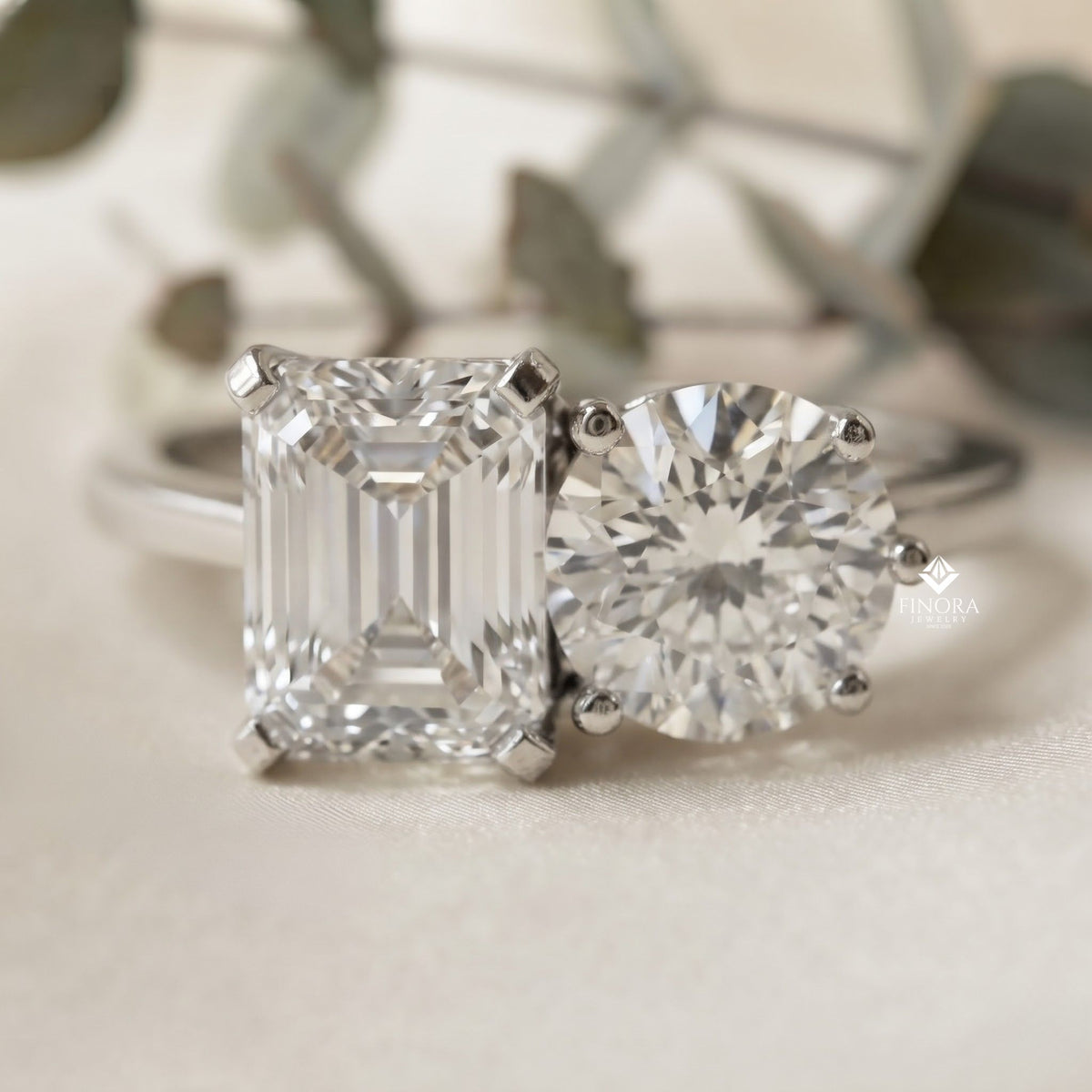 emerald & round cut toi et moi diamond ring in silver, gold, or platinum – finora jewelry