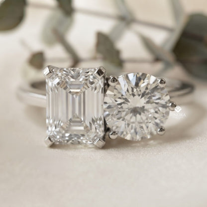 Emerald & Round Cut Toi et Moi Diamond Ring in Silver, Gold, or Platinum – Finora Jewelry