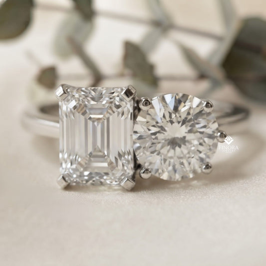 Emerald & Round Cut Toi et Moi Diamond Ring in Silver, Gold, or Platinum – Finora Jewelry