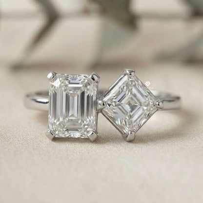 Two-Stone Emerald Square & Radiant Cut Diamond Open Ring in 925 Silver, 10K/14K Gold, or Platinum – Finora Jewelry