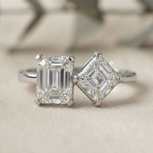 Two-Stone Emerald Square & Radiant Cut Diamond Open Ring in 925 Silver, 10K/14K Gold, or Platinum – Finora Jewelry