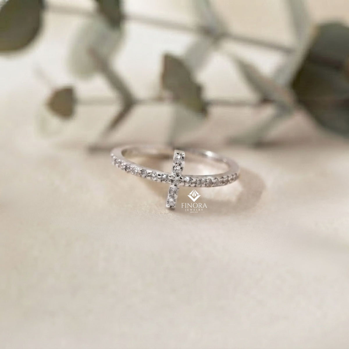 dainty diamond cross ring – minimalist horizontal cross band