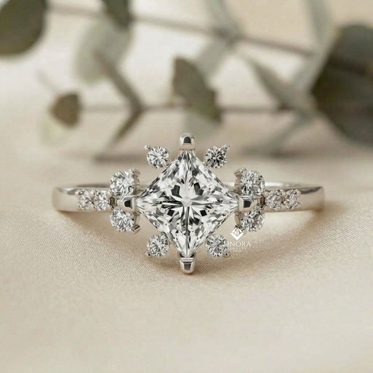 Princess Cut Diamond Cluster Engagement Ring – Regal Radiance in 925 Silver, 10K/14K Yellow, White & Rose Gold, or Platinum – Finora Elegant Snowflake-Inspired Design for Her