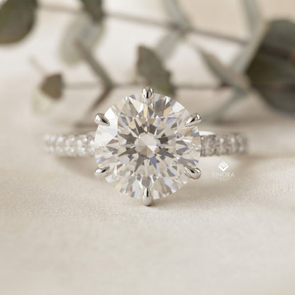 Round Brilliant Moissanite Engagement Ring with Pavé Diamond Band – Classic Four-Prong Solitaire in White, Yellow, or Rose Gold | Finora Jewelry