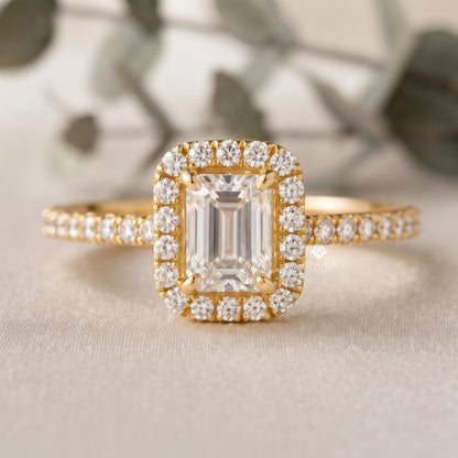 Emerald Cut Halo Ring – Dainty Pave Engagement Ring  – Romantic Gold Bridal Jewelry