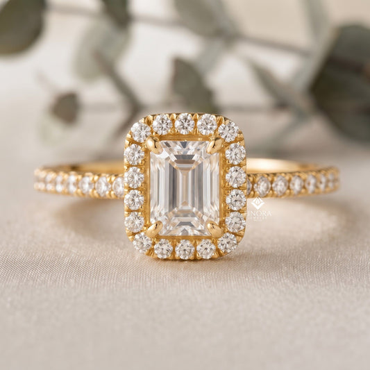 Emerald Cut Halo Ring – Dainty Pave Engagement Ring  – Romantic Gold Bridal Jewelry