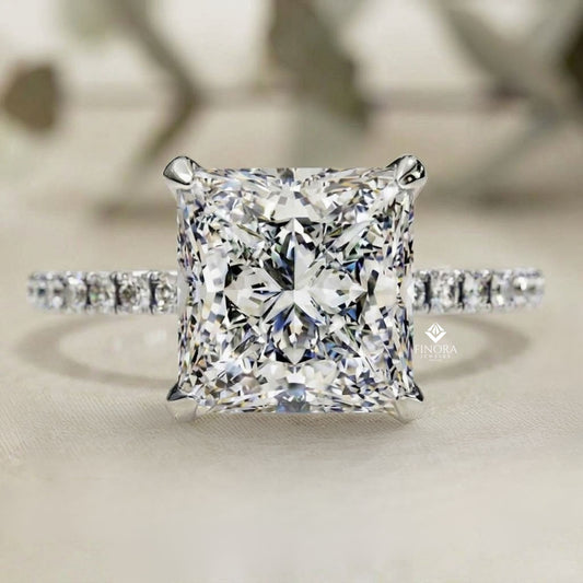 Princess Cut Moissanite Engagement Ring with Pavé Band – Sparkling Halo for Birthday, Promise, or Proposal Gift – Custom 925 Silver / 10K / 14K Gold / Platinum – White / Yellow / Rose Gold – Finora Exclusive