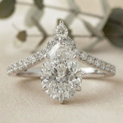 Pear Cut Diamond Engagement Ring with Accent Pear & Pavé Band in 925 Silver, 10K/14K Gold, or Platinum – Finora Jewelry