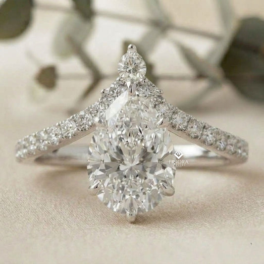 Pear Cut Diamond Engagement Ring with Accent Pear & Pavé Band in 925 Silver, 10K/14K Gold, or Platinum – Finora Jewelry