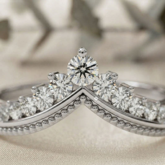 Chevron Crown Diamond Wedding Band – Milgrain V-Shape Tiara Design in 925 Silver, 10K/14K Rose, White & Yellow Gold, or Platinum – Finora Vintage Sparkle for Her