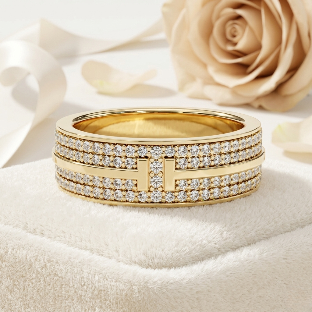 modern multi-row diamond band with geometric center bar – available in 925 silver, 10k/14k rose, white & yellow gold, or platinum – finora jewelry