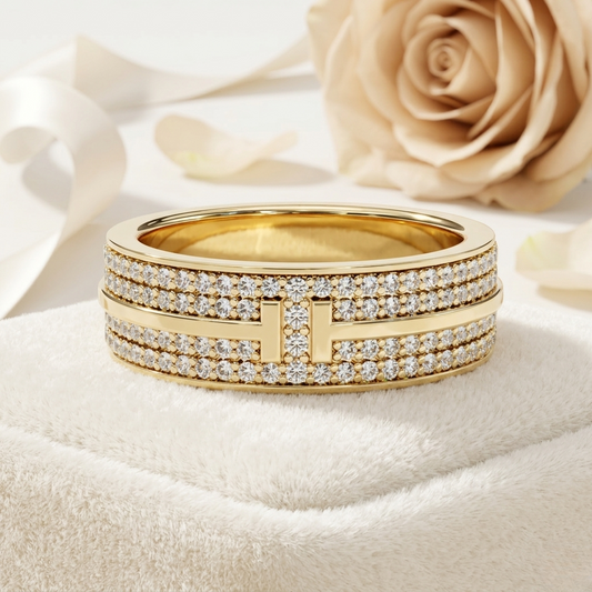 Modern Multi-Row Diamond Band with Geometric Center Bar – Available in 925 Silver, 10K/14K Rose, White & Yellow Gold, or Platinum – Finora Jewelry