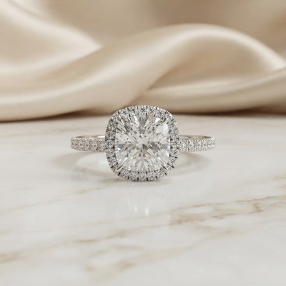 Cushion Cut Halo Moissanite Engagement Ring with Pavé Diamonds – Elegant Cushion Halo in White, Yellow, or Rose Gold | Finora Jewelry