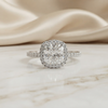 Cushion Cut Halo Moissanite Engagement Ring with Pavé Diamonds – Elegant Cushion Halo in White, Yellow, or Rose Gold | Finora Jewelry