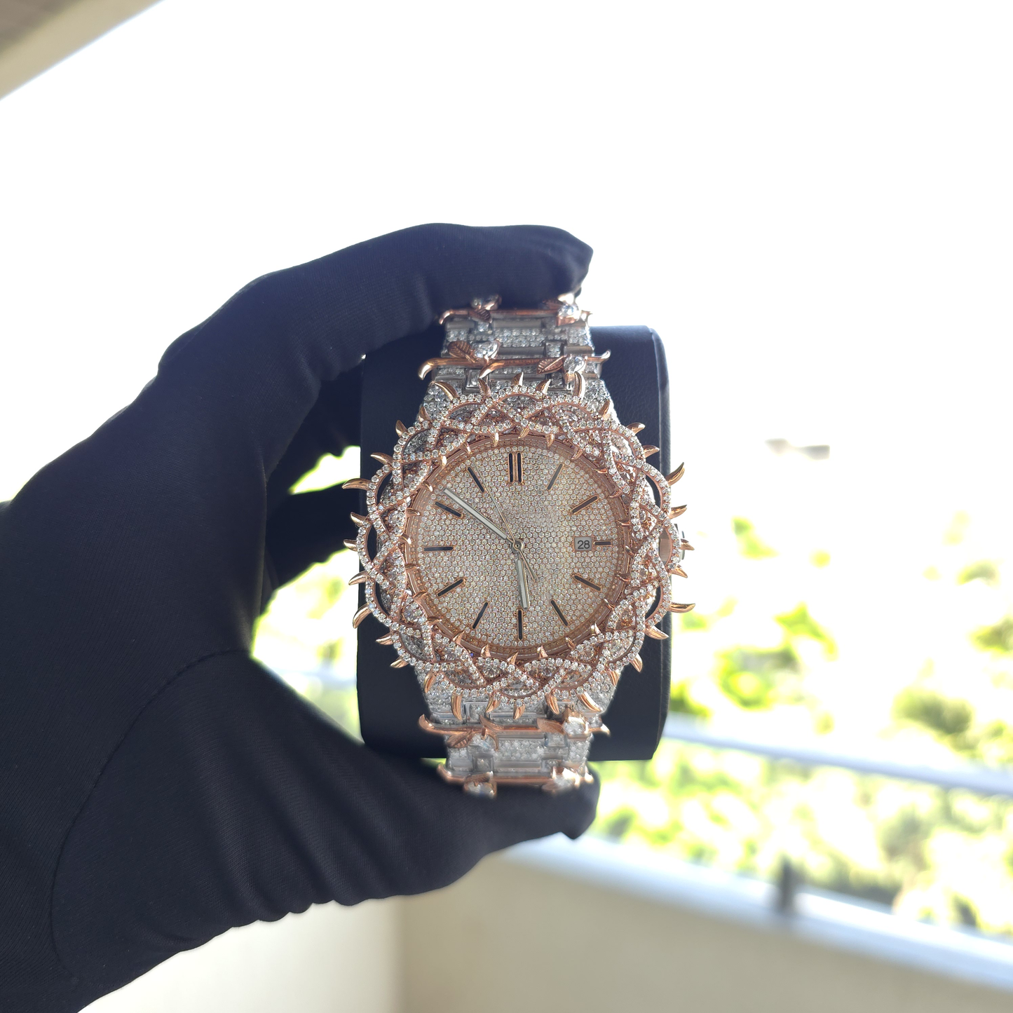 41mm two-tone white & rose gold plated fully iced-out moissanite watch