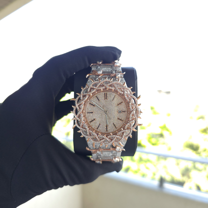 41MM Two-Tone White & Rose Gold Plated Fully Iced-Out Moissanite Watch