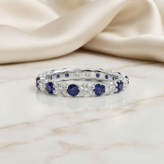 Blue & Colorless Round Cut Moissanite Full Eternity Wedding Band, Stackable Ring – Finora Jewelry