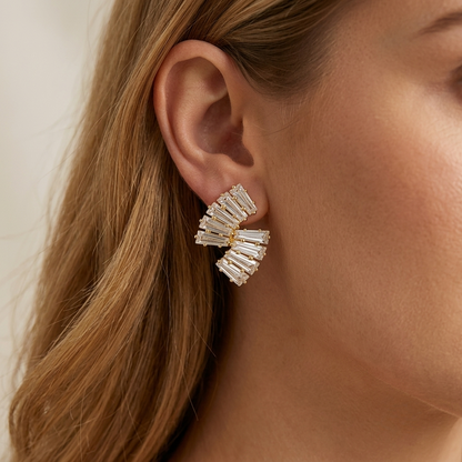 Fan-Shaped Baguette Crystal Statement Studs