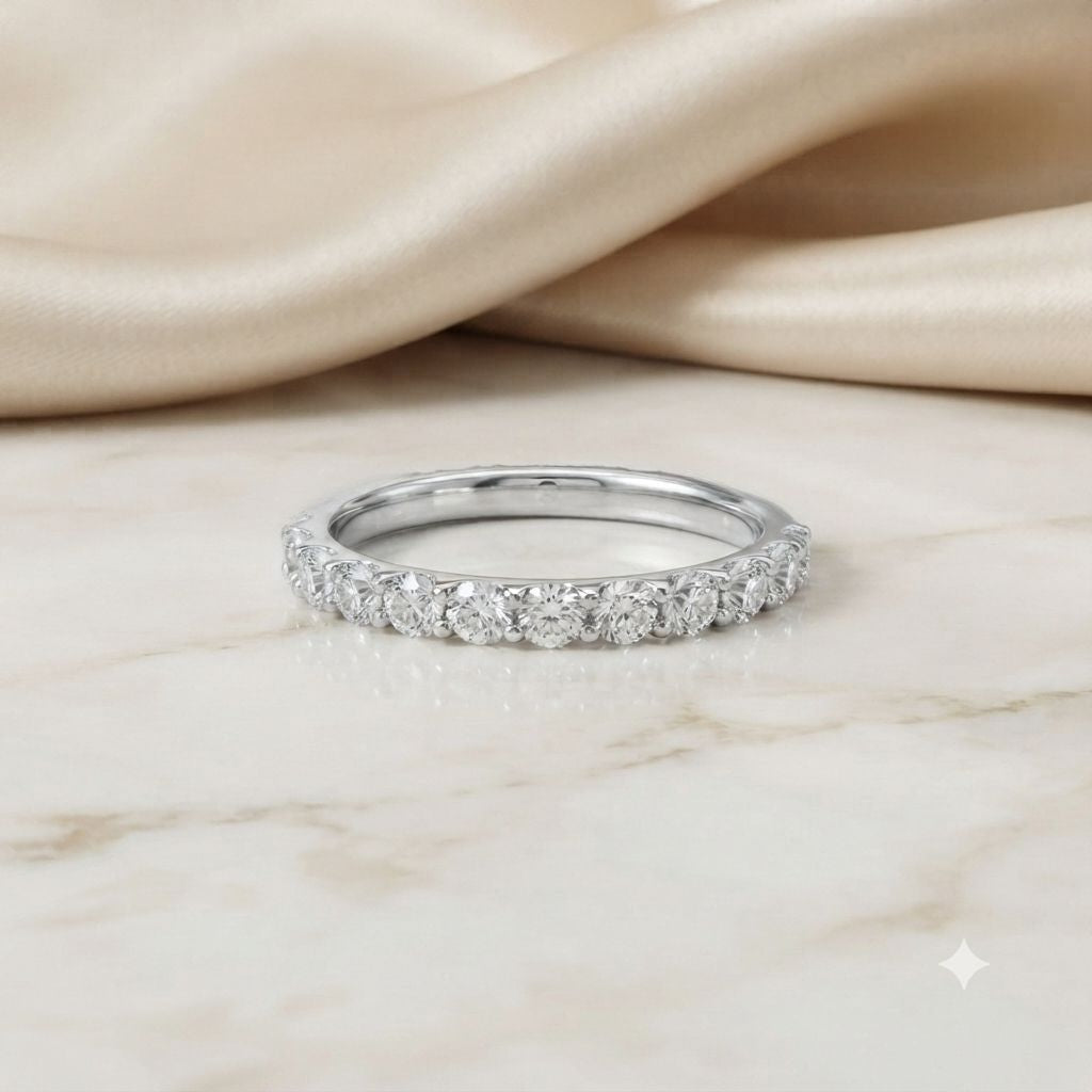 classic round cut moissanite half eternity wedding band, stackable minimal ring – finora jewelry