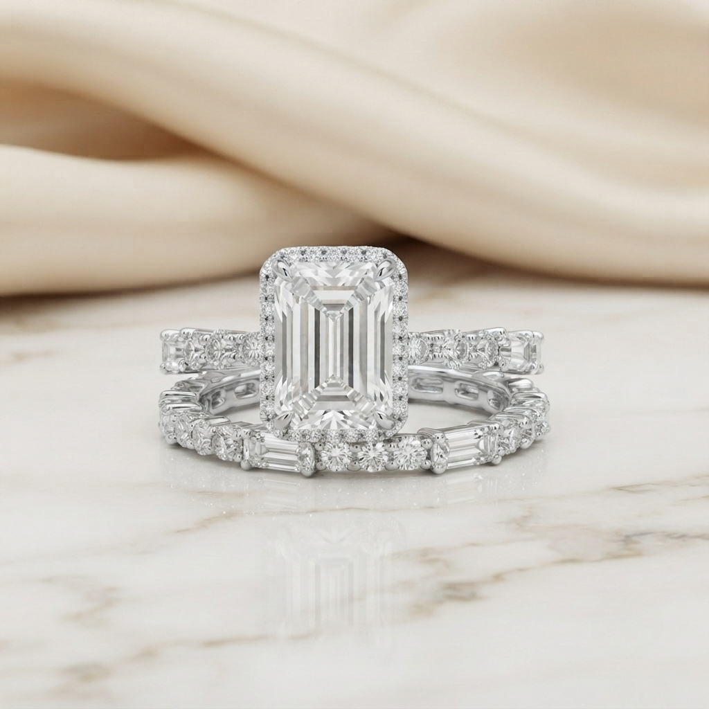 round & baguette cut moissanite half eternity wedding band, stackable ring – finora jewelry
