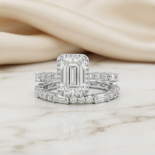 Round & Baguette Cut Moissanite Half Eternity Wedding Band, Stackable Ring – Finora Jewelry