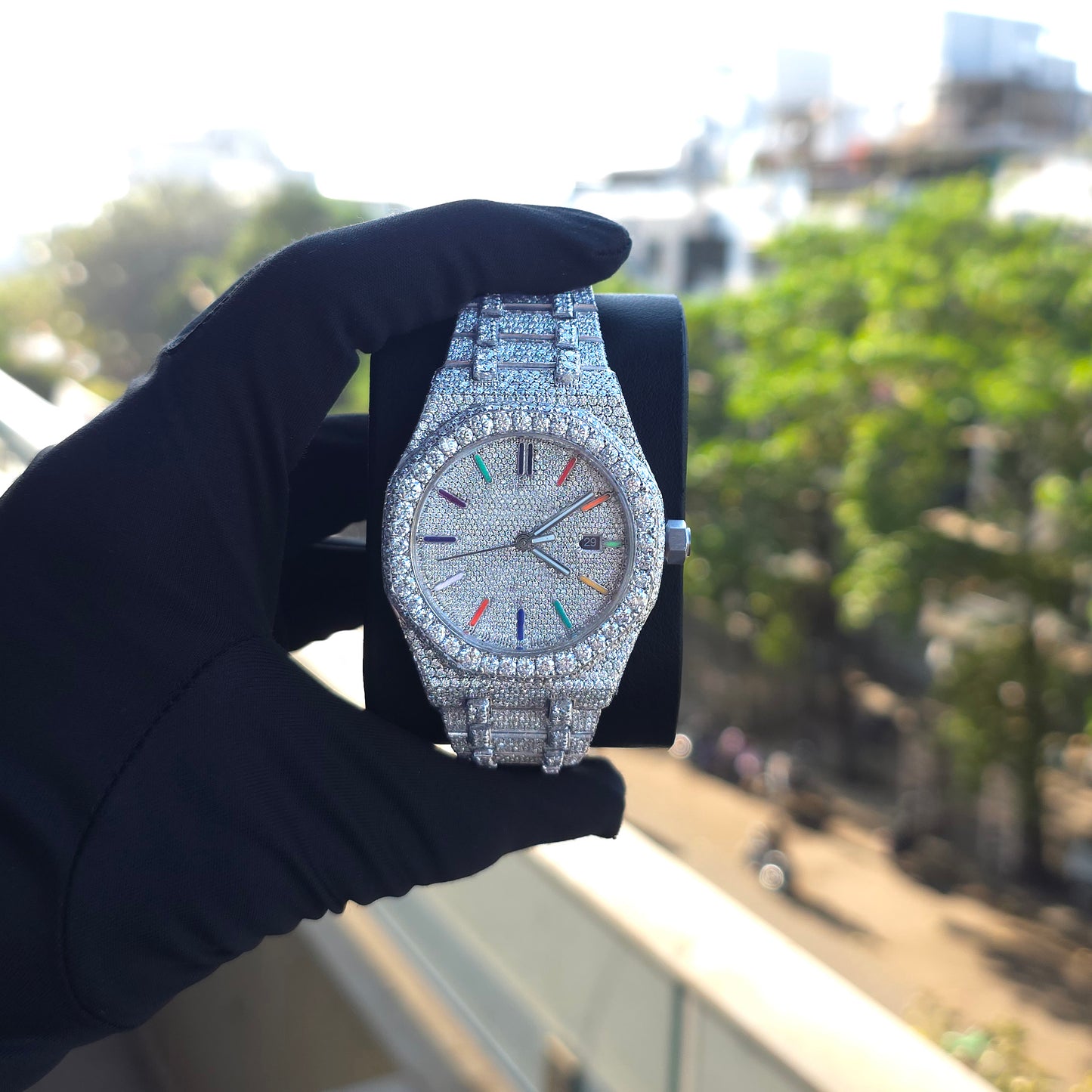 41mm bust down watch iced out watch – white rainbow marker dial men watch