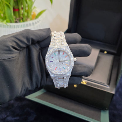 41mm Bust Down Watch Iced Out Watch – White Rainbow Marker Dial Men Watch