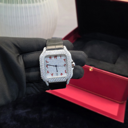 41mm Bust Down Watch Iced Out Watch – Black Leather Strap Red Arabic Square Dial Men Watch