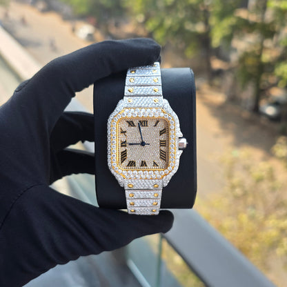 Bust Down Watch Iced Out Watch Women 36mm White & Yellow Square Roman Dial Luxury Watch