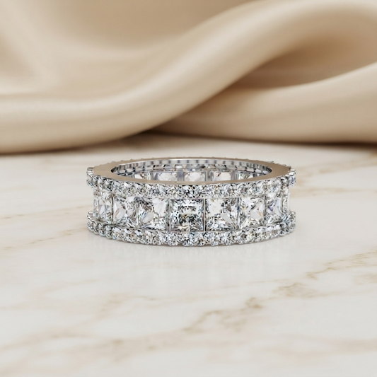 Princess-Cut Diamond Triple Row Wedding Band – Bold Eternity Ring for Couples in Silver, Gold & Platinum – Finora Radiant Glamour Statement
