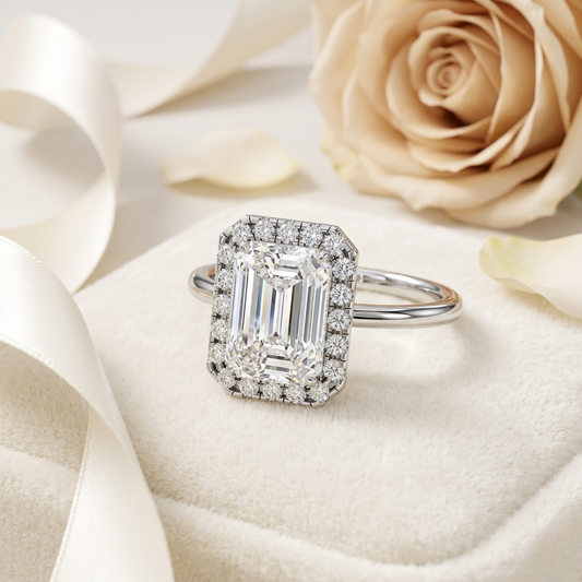 Emerald Cut Moissanite Halo Engagement Ring – Dainty Promise Ring – Anniversary / Birthday / Wedding Gift – 925 Silver / 10K / 14K / Platinum – White / Yellow / Rose Gold – Finora Jewelry