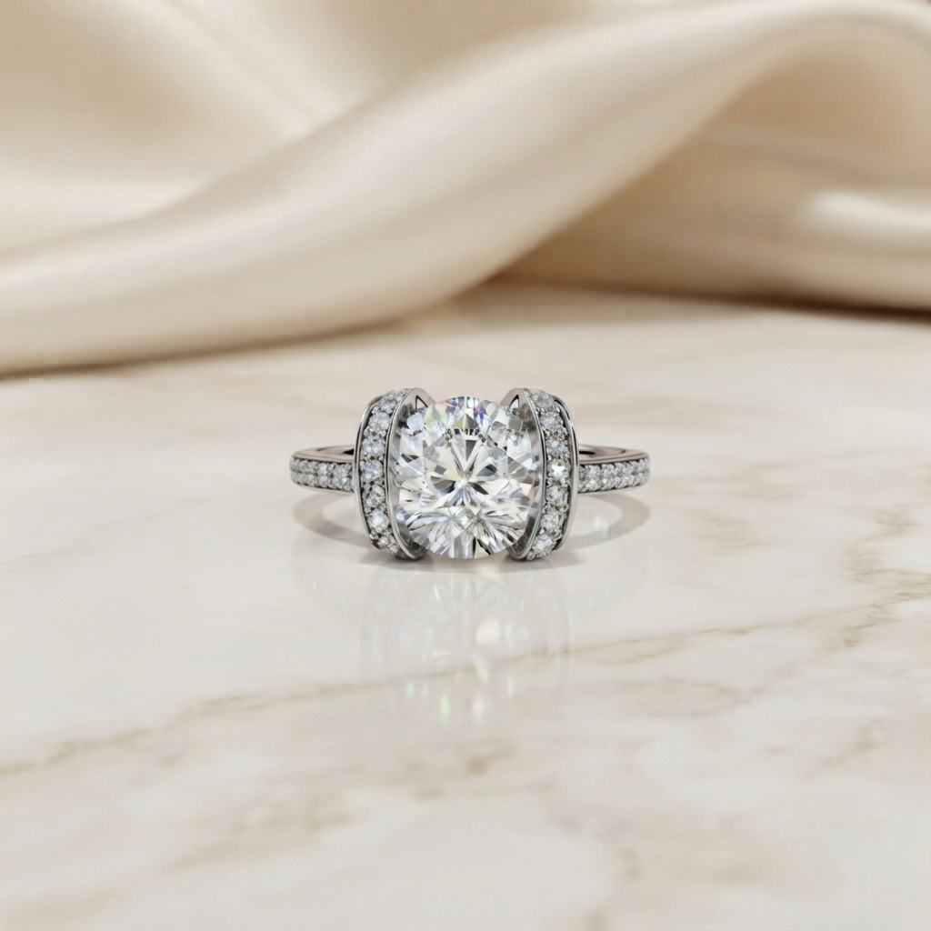 bold round-cut diamond ring with pavé-set accent bands in 925 silver, 10k / 14k gold, or platinum – finora jewelry