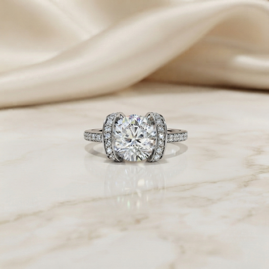 Bold Round-Cut Diamond Ring with Pavé-Set Accent Bands in 925 Silver, 10K / 14K Gold, or Platinum – Finora Jewelry