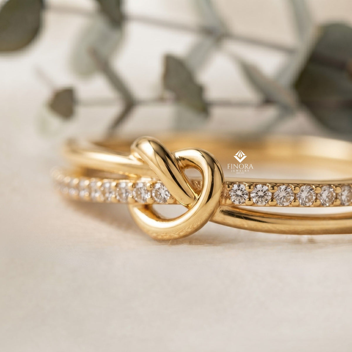rose gold love knot ring – delicate infinity band with pavé stones