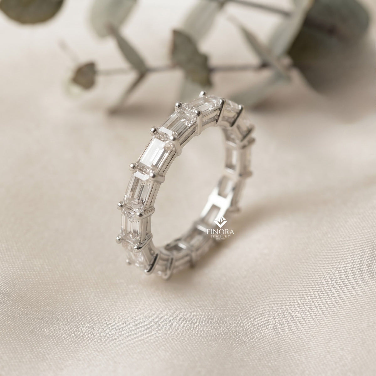 baguette cut moissanite eternity wedding band, stackable ring in 925 silver, 10k & 14k gold – finora jewelry