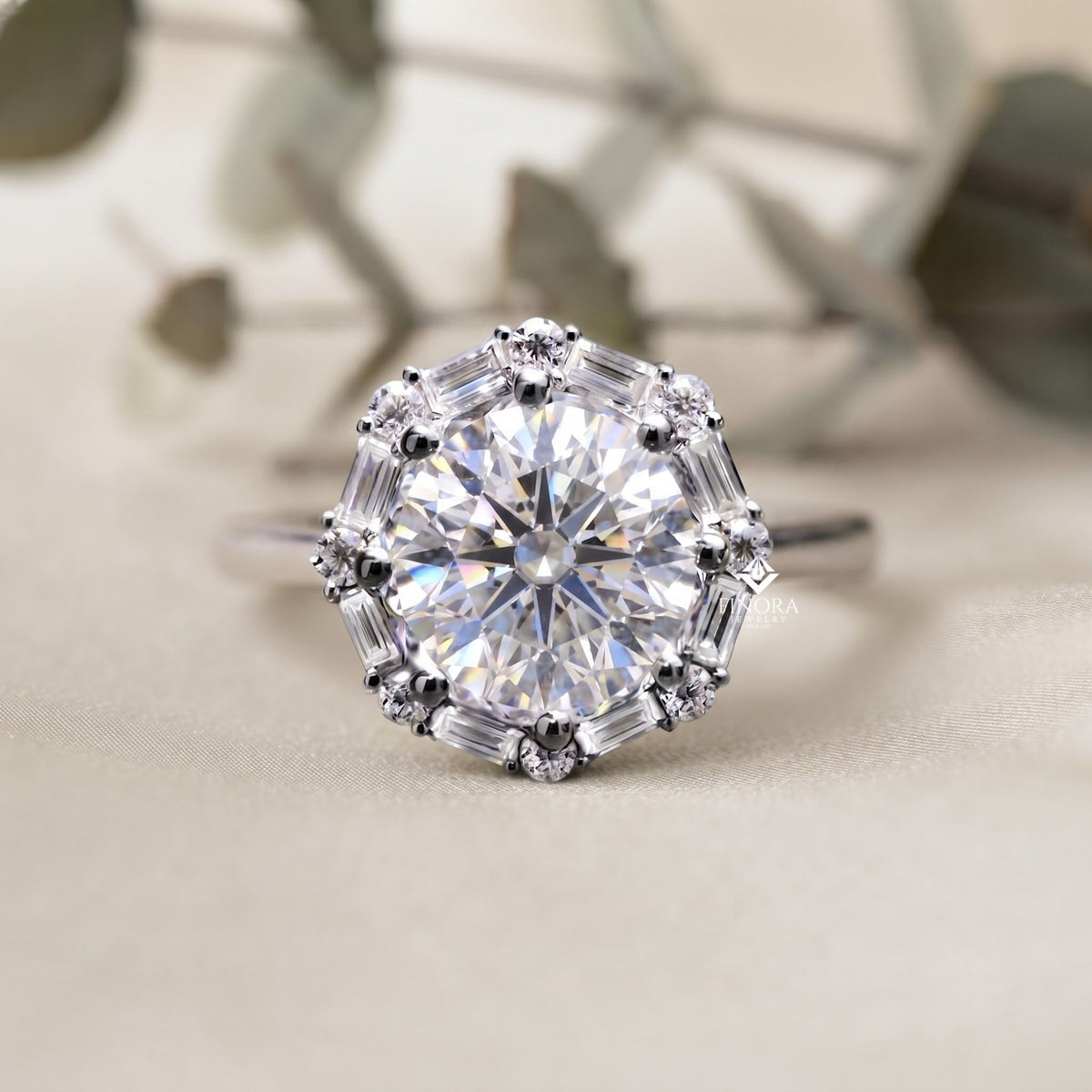 round cut moissanite halo engagement ring with baguette side stones in 925 silver, 10k & 14k gold – finora jewelry