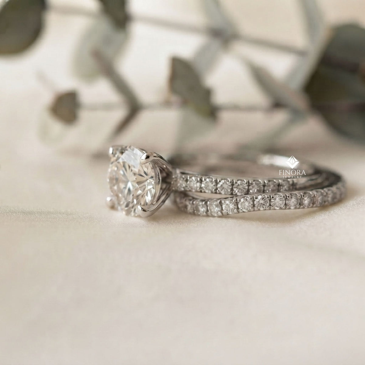 round cut diamond solitaire engagement ring with matching band – finora jewelry