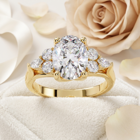 Finora Jewelry – Oval Cut Diamond Seven-Stone Ring – Scalloped Shoulder Design – Available in 10K, 14K Gold (White, Rose, Yellow), 925 Silver & Platinum