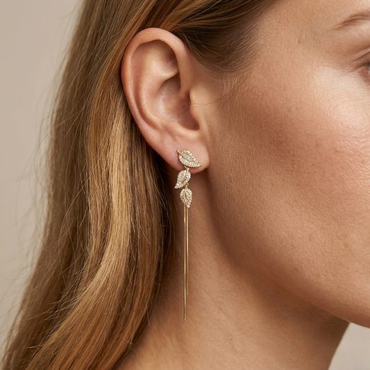 Gold-Tone Pave Leaf Tassel Drop Earrings